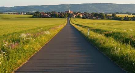 Asphalt Road Leading to a Village in a Summer Countryside