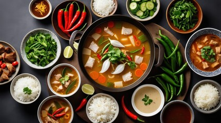 A vibrant spread of Asian cuisine features a large pot and bowls of flavorful soup, fresh vegetables, and bowls of steamed white rice on a dark wooden table
