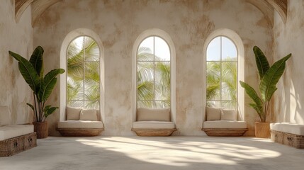 Fototapeta premium Serene interior features arched windows offering tropical palm tree views