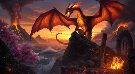 Majestic fiery dragon perches atop ruins in a volcanic landscape at sunset