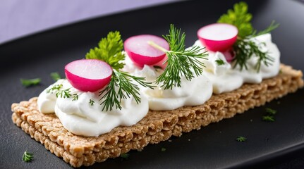 Delight in this vibrant food image of crispy rye crackers topped with creamy cheese, fresh dill, and radish slices, perfect for healthy snacking inspiration