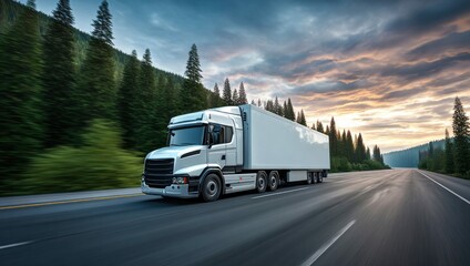 A semi-truck cruises down a highway, surrounded by forest and under a stunning sunset.