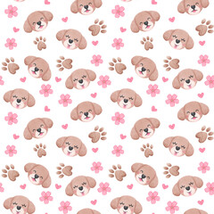 Naklejka premium Seamless Pattern Shih Tzu Dog Cartoon in Watercolor with Paw Prints, flower and heart