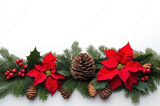 Minimalist Christmas decoration with red poinsettia flowers pine cones holly berries fir branches on white background