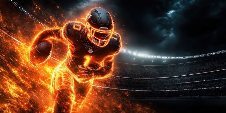Glowing American Football Player in Neon Orange Energy with Futuristic Cyberpunk Style in Dark Stormy Stadium