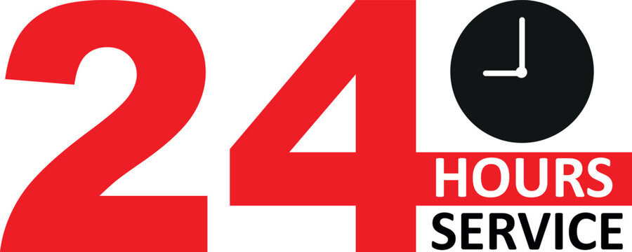 Red and black 24 hours service label with bold number and clock icon on white background	