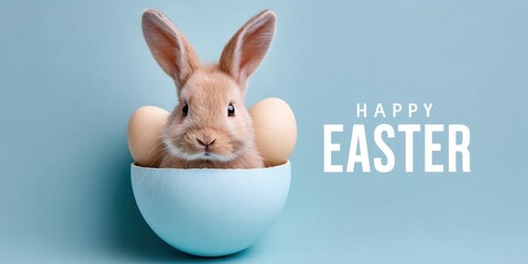 A delightful Easter scene features a fluffy bunny emerging from a pastel blue egg with eggs.