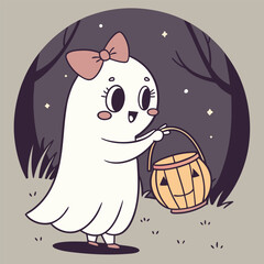 Ghost Girl with Pumpkin Lantern – Nighttime Halloween Vector