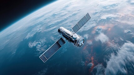 A satellite orbits above a vibrant planet with visible sunlight reflecting on the atmosphere in space.