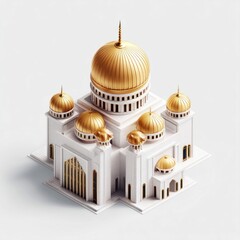 Isometric view of a detailed white and gold mosque, embodying architectural splendor and religious symbolism.