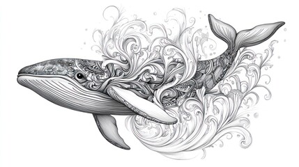 Naklejka premium Majestic whale adorned with intricate floral swirls