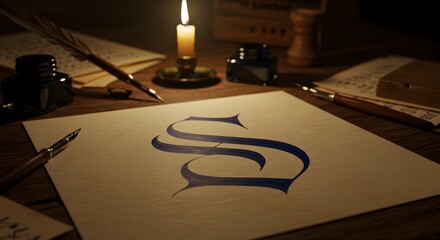 Lettering 'S' initial in elegant calligraphy amidst classical writing atmosphere