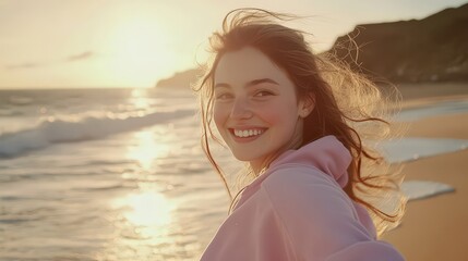 Smiling woman on the beach at sunset, enjoying the ocean waves. Warm colors reflect joy and freedom in this beautiful moment.