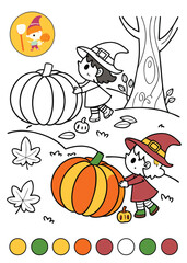 Cute Witches with Pumpkins Halloween Coloring Page