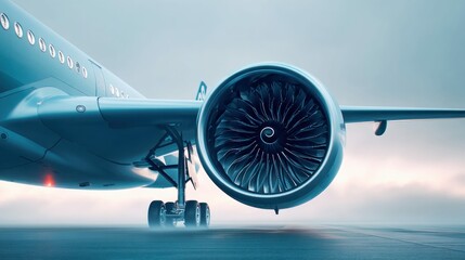 Captivating close-up of a jet engine with the plane body and serene atmosphere.