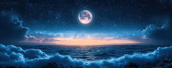 serene night sky with full glowing moon and sparkling stars peaceful dreamlike blue evening landscape