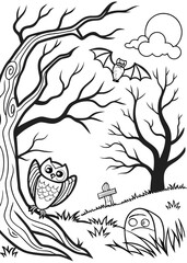 Spooky Halloween Coloring Page Owls Bats Graveyard