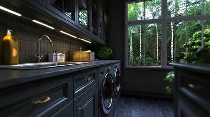 Dark gray laundry room with modern sink, cabinets, and washer/dryer, tranquil forest view