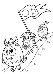 Fototapeta premium Three Cute Monsters Hiking with a Flag and Umbrella