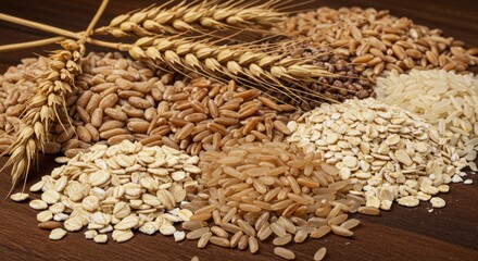 Assortment of Grains and Cereal on Wooden Surface