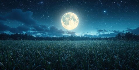 full moon over grassy field at night with starry sky and moonlight reflection in hyperrealistic style