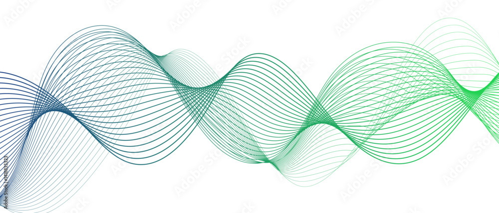 Poster Abstract background with flowing waveforms or curved lines on white backdrop. Smooth motion, symmetry, and modern digital aesthetics. Wavy Line Design with Science frequency gradient lines. 
