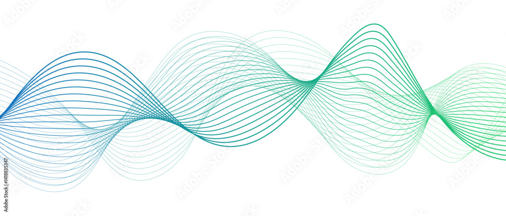 Poster Abstract background with flowing waveforms or curved lines on white backdrop. Smooth motion, symmetry, and modern digital aesthetics. Wavy Line Design with Science frequency gradient lines. 
