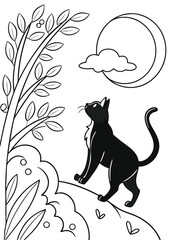 Black Cat Silhouette Under Crescent Moon and Stars