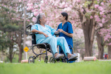 Nurse caregiver with elderly woman enjoying beneath blooming trees. suggesting in healthcare...