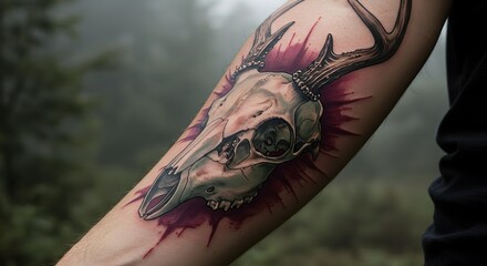 Intricate deer skull tattoo art on forearm with a nature-themed background