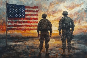 American Soldiers Standing Respectfully Facing Flag on Veteran Day