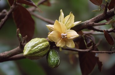 Close-up of Cacao Flower Blooming on Tree Branch with Young Cacao Pods