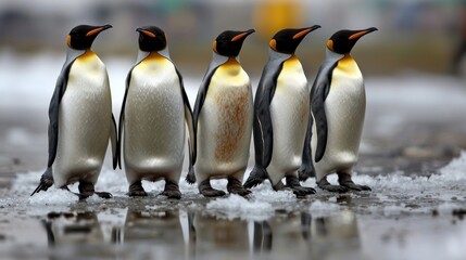 Fototapeta premium Antarctic Penguins Walking on Ice, Reflection in Puddle