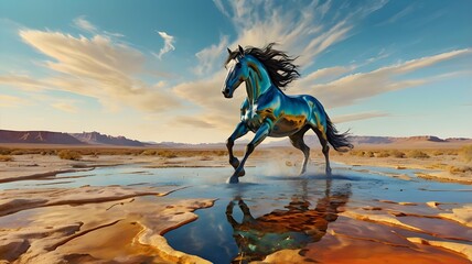 A surreal oil painting of a horse running across a melting desert landscape, dreamlike warped shapes, bold colors, and artistic fluid brush textures,Generative Ai
