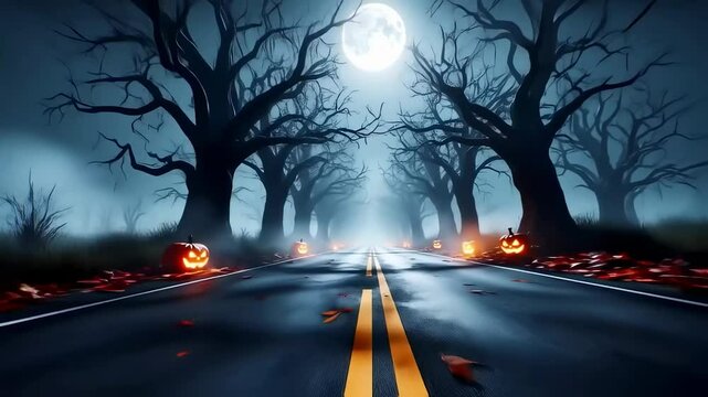 Camera flying through Halloween night road, Happy halloween 