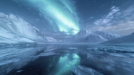 Fototapeta premium Arctic Serenity: Aurora Borealis over Frozen Lake and Majestic Mountains
