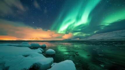 Naklejka premium Aurora Borealis over Frozen Arctic Sea
