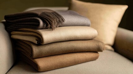 Cozy blankets stacked on a soft sofa, creating a warm, inviting atmosphere in a serene room