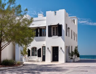 Fototapeta premium Coastal White House with Black Shutters, near Ocean View, under Sunny Sky, with Lush Green Tree