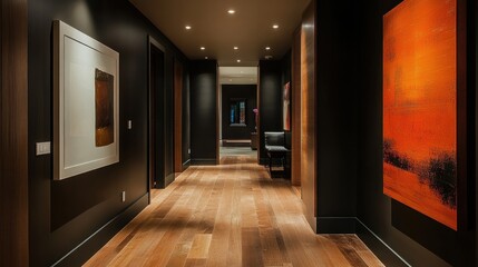 Modern hallway with dark walls and artwork