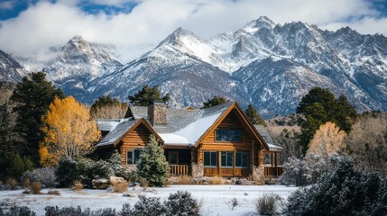 Mountain retreat cabin nestled in snowy landscape with majestic peaks in the background