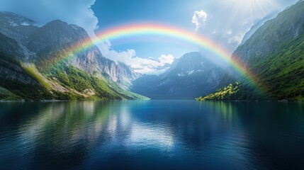Majestic Rainbow over Serene Alpine Lake
