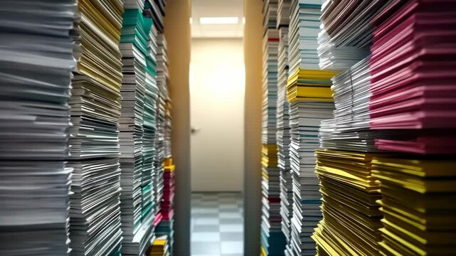 Hallway lined with towering stacks of colorful paper documents, creating an abstract corridor of information storage and office administration.