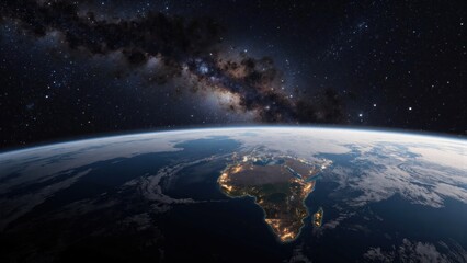 Fototapeta premium Earth at Night: Glowing City Lights & Starry Space Backdrop - Astrophotography (Continental Illumination & Distant Galaxies) 