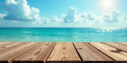 Fototapeta premium Rustic wood tabletop over blurred ocean; summer sky , mockup, wood