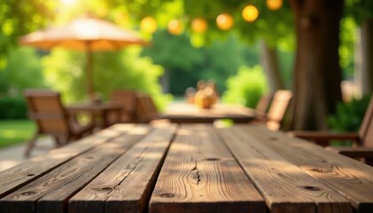 Rustic wooden table, blurred summer party scene, picnic, light
