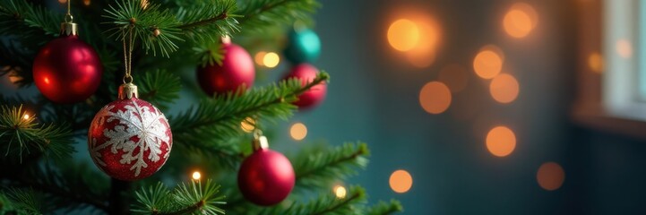 Christmas tree with colorful ornaments hanging from branches, festive, lights