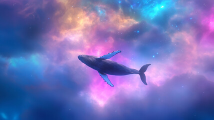Fototapeta premium majestic whale swims gracefully through vibrant cosmic scene filled with colorful nebulae and stars, evoking sense of wonder