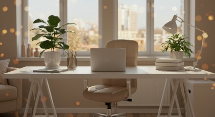Bright Home Office Workspace with White Desk and Beige Chair