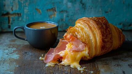 Delicious croissant filled with cheese and ham. A coffee cup accompanies it for the perfect breakfast. This image captures a cozy morning moment. Generative AI